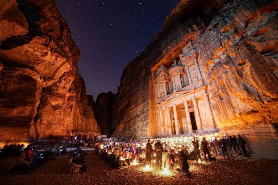 Petra at night with people getting to see the show