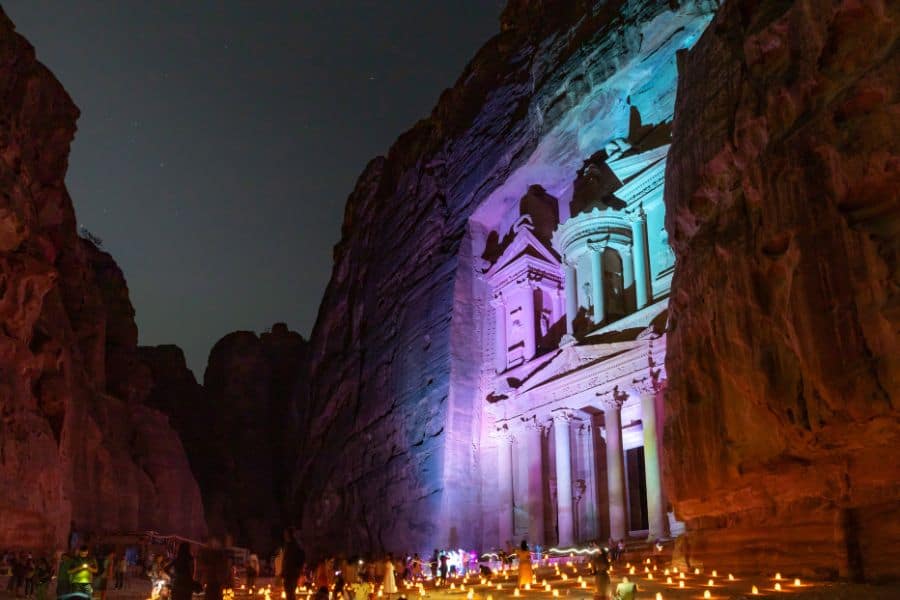 The treasury at night during light show  in purple and blue colours
